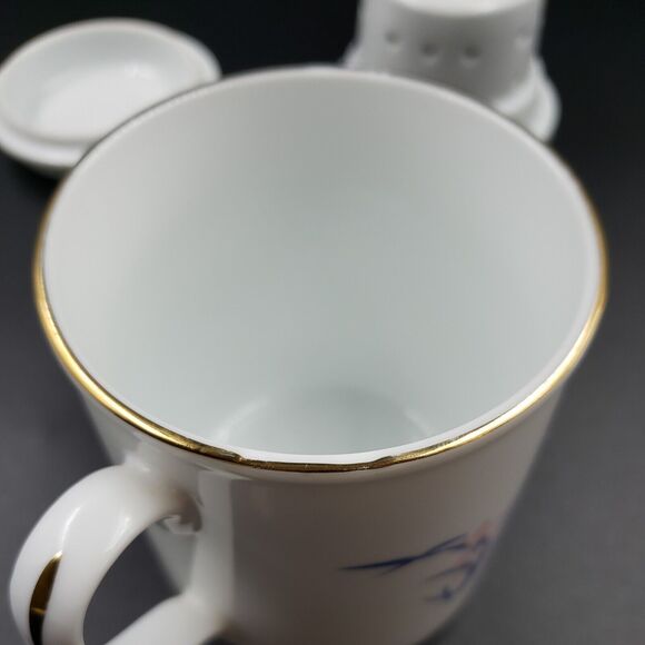 3 Piece Tea Cup Mug with Infuser Strainer and Lid Spring Iris Flowers Pink Blue - Picture 6 of 16